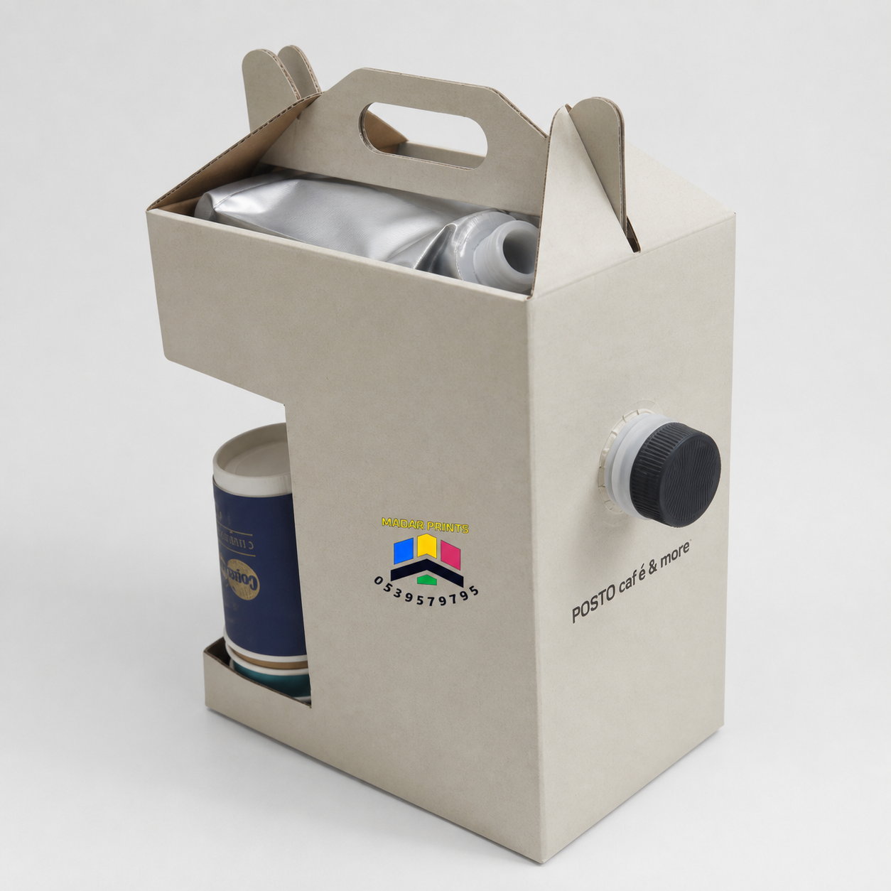 Coffee carrier box opened to show the thermal pouch