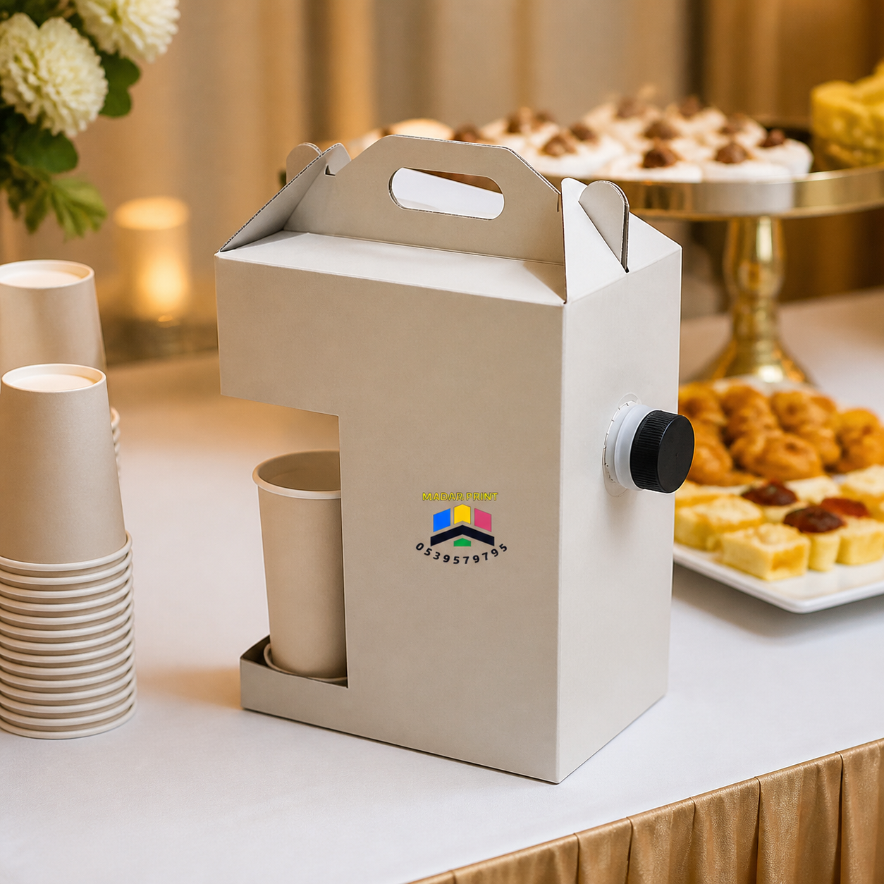 Coffee carrier box with thermal pouch ready for serving