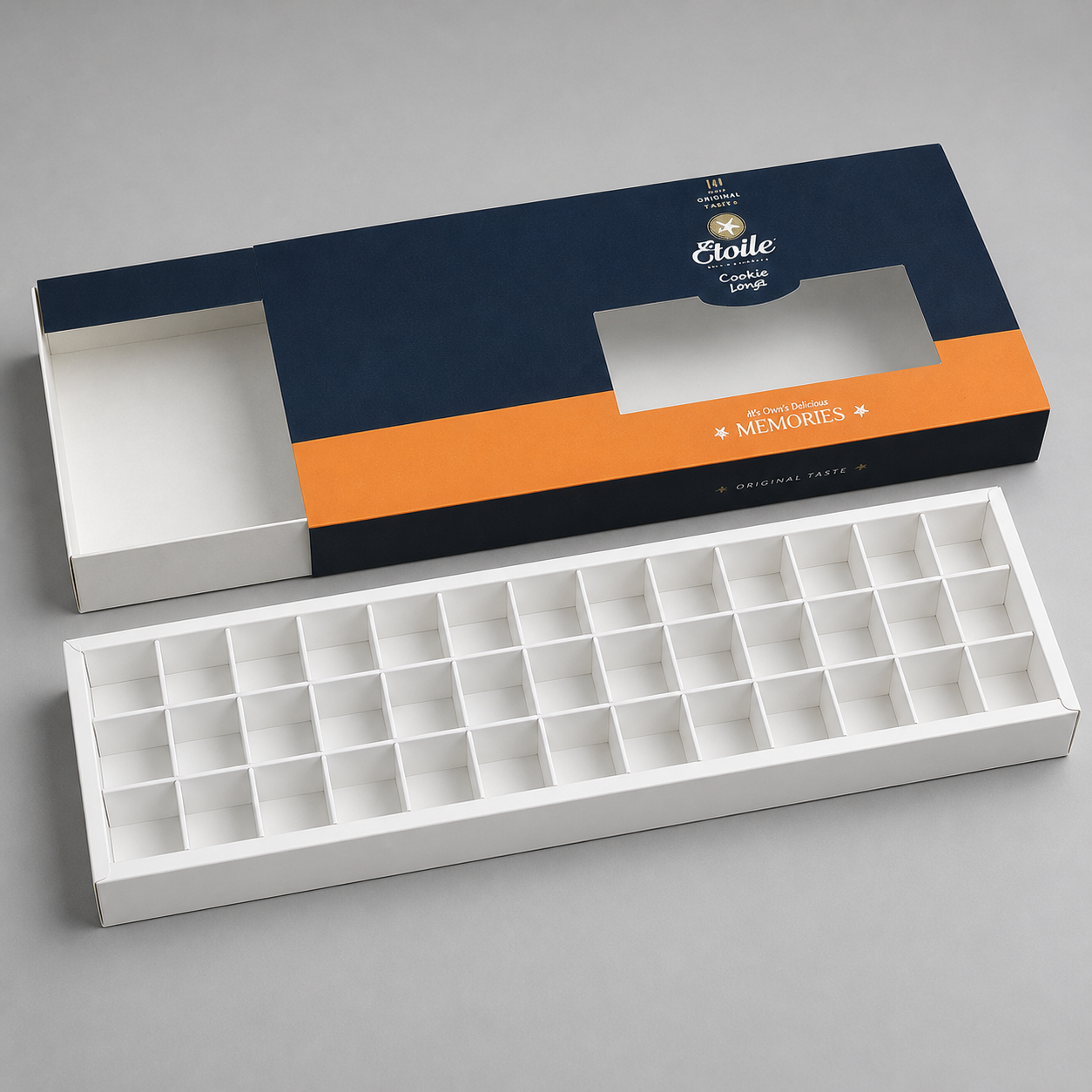 可容纳36块曲奇的36格烘焙盒，已打开且为空