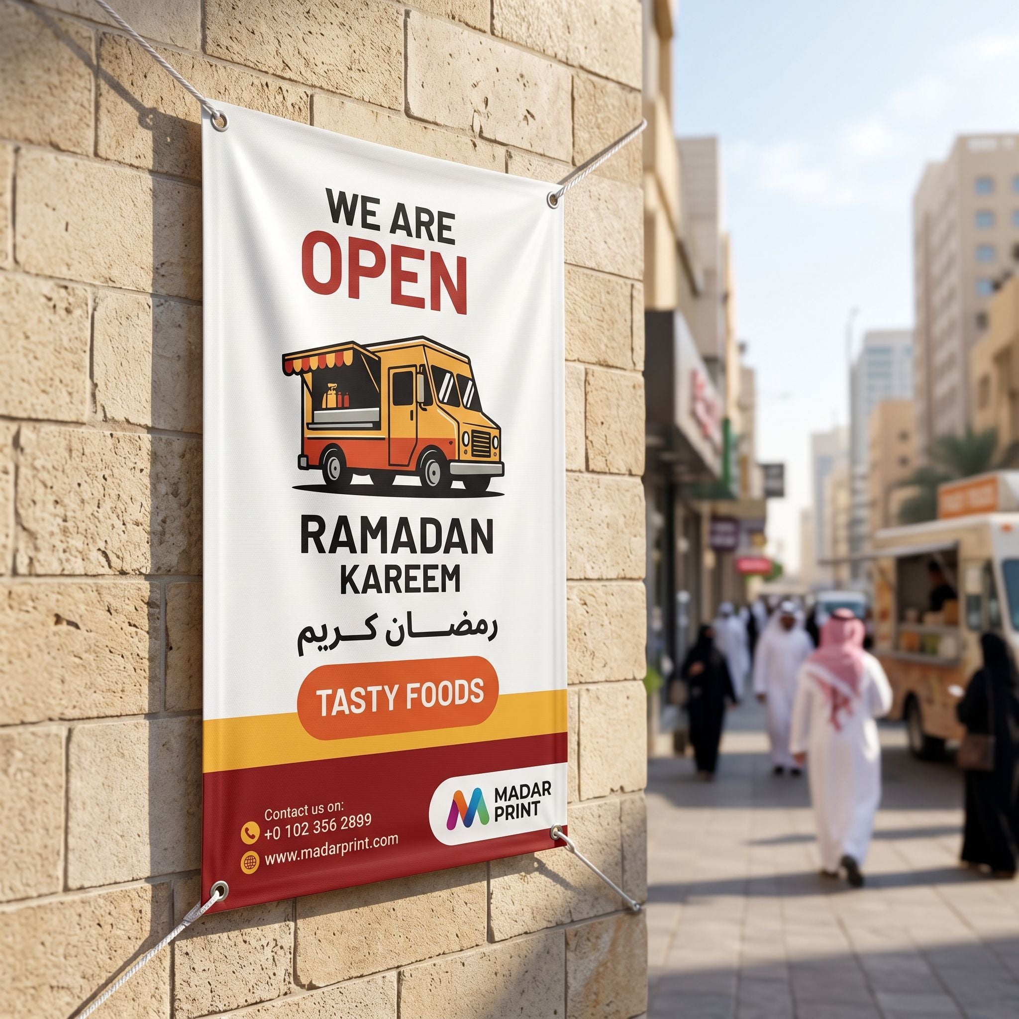 Outdoor display of custom flex banner for marketing campaigns hanging on brick wall with natural sunlight.