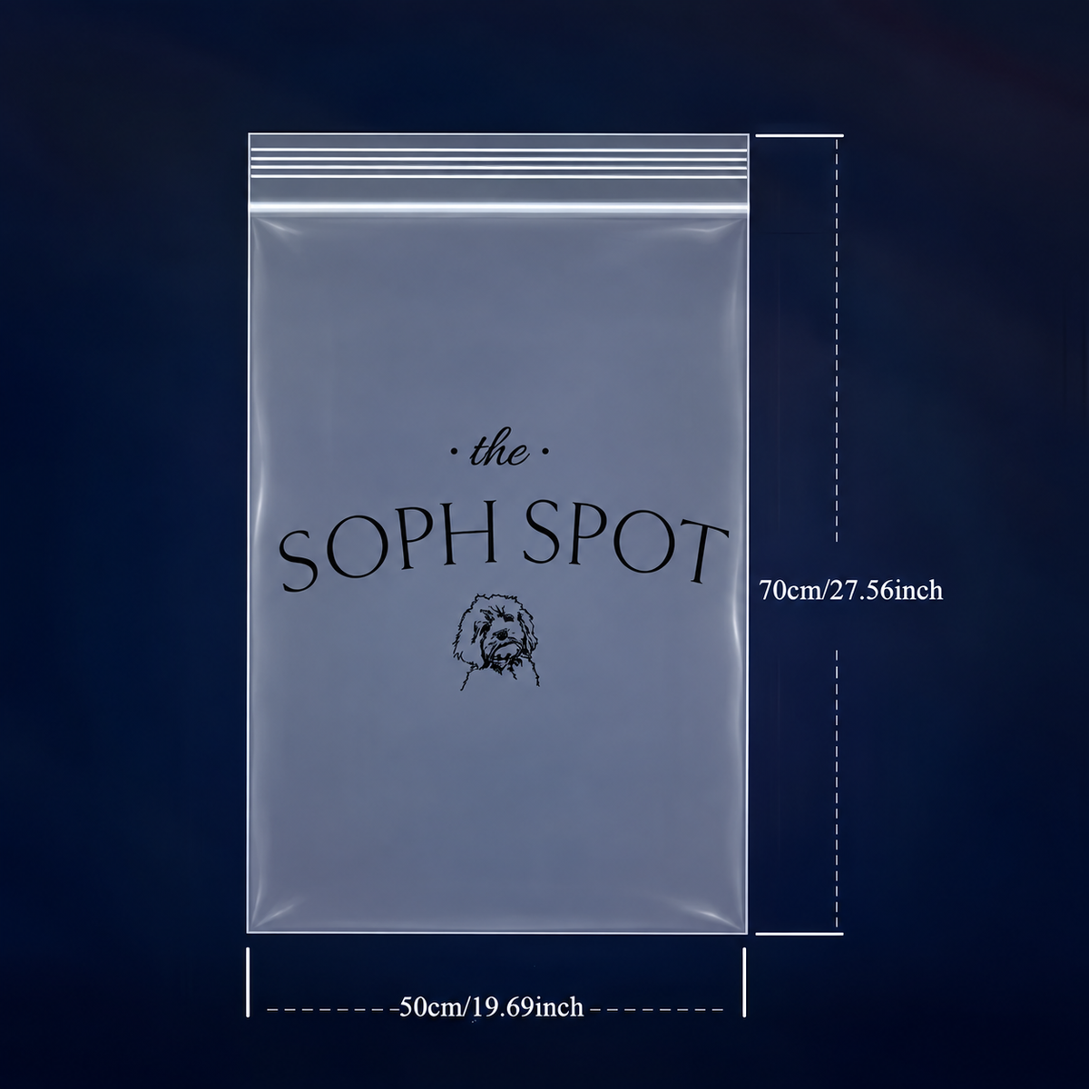 Illustrative mockup of a 50 × 70 cm clear zip-lock bag with one-color printing | نموذج توضيحي لكيس شفاف مقاس 50 × 70 سم بطباعة لون واحد