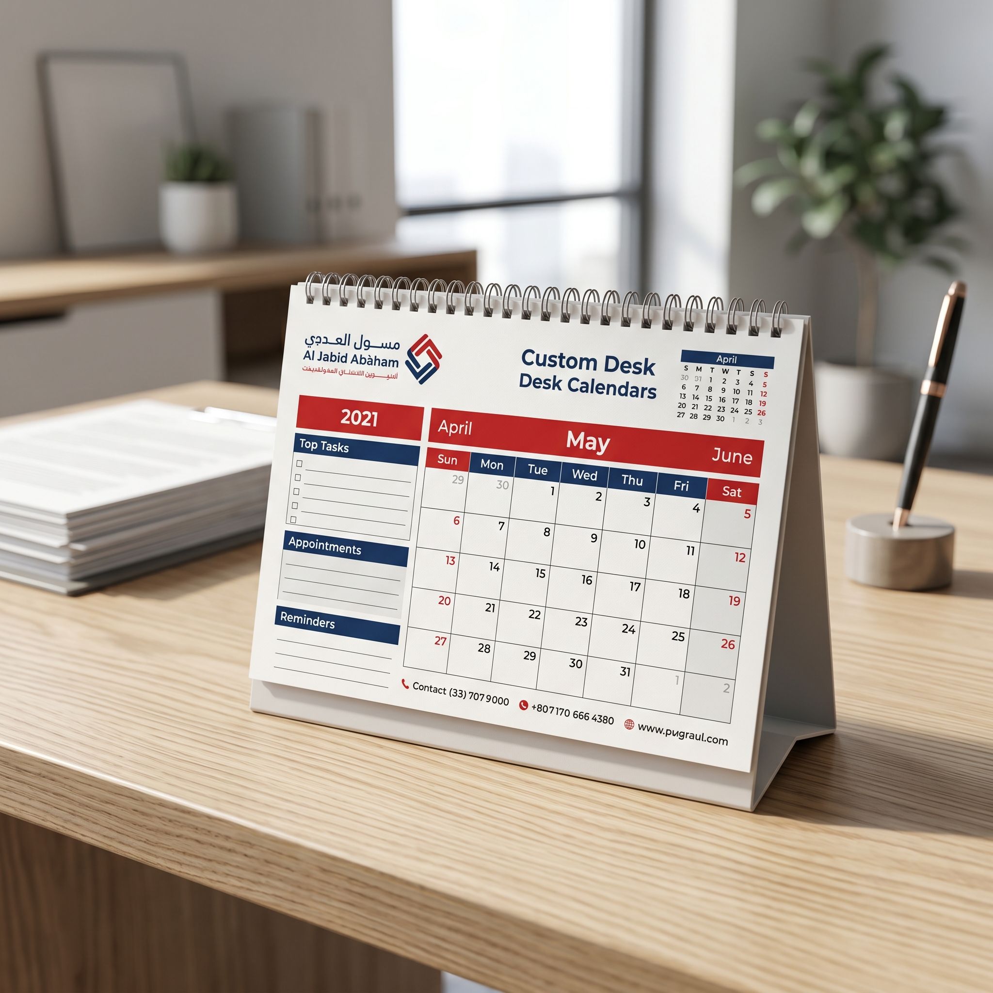 Premium corporate desk calendar displayed on minimalist wooden desk in modern office setting, emphasizing professional branding.