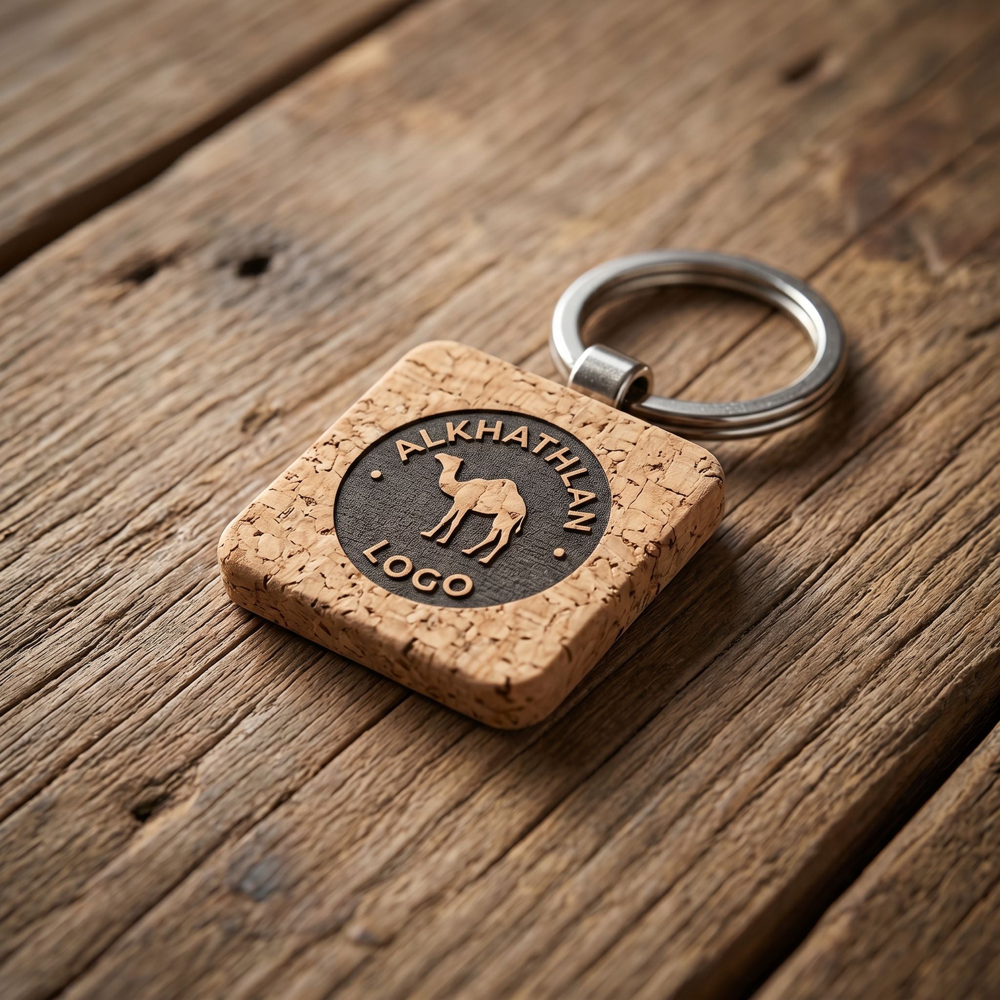 Small eco-friendly custom keychain made of recycled material resting on rustic wooden surface with natural light.
