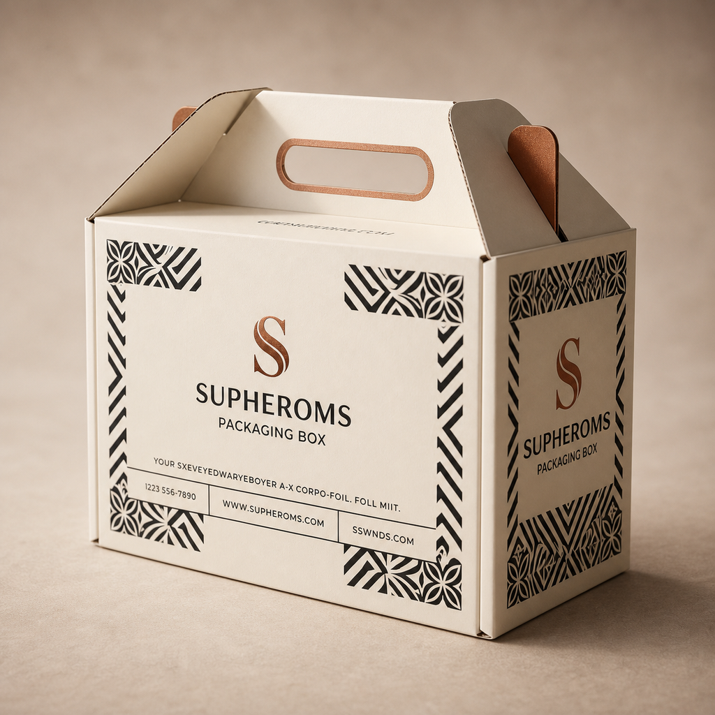 Custom e-commerce packaging box viewed from the side to show its integrated handle and folded construction