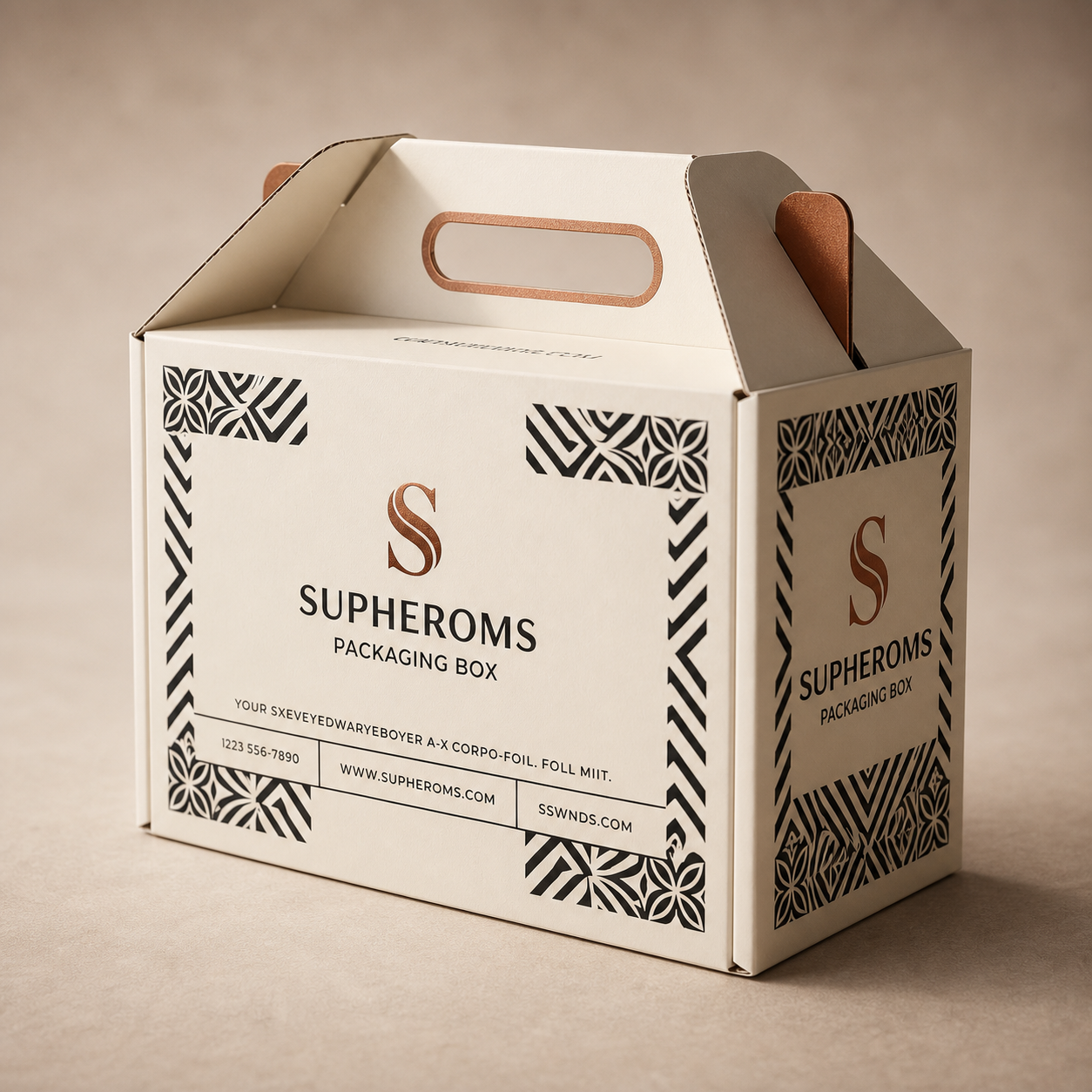 Custom e-commerce packaging box viewed from the side to show its integrated handle and folded construction