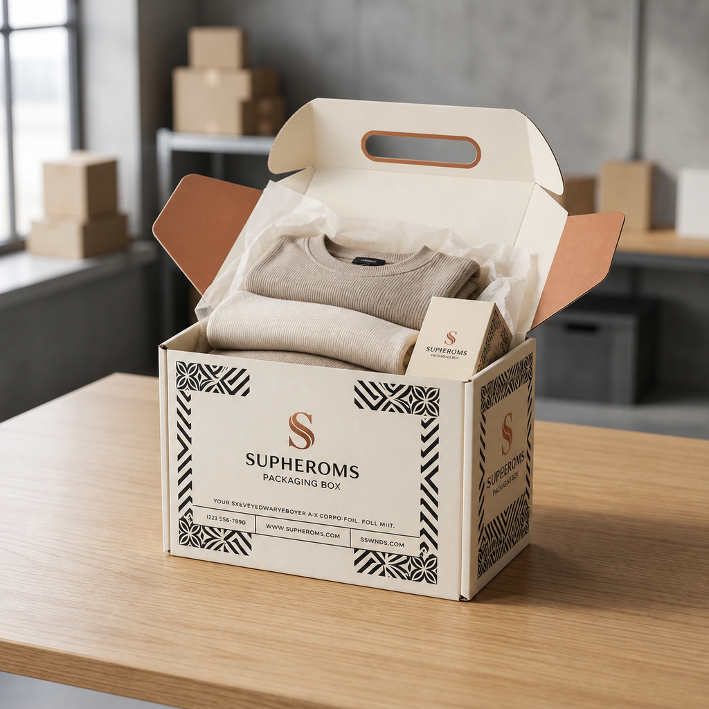 Custom e-commerce packaging box shown open with a sample retail unboxing arrangement