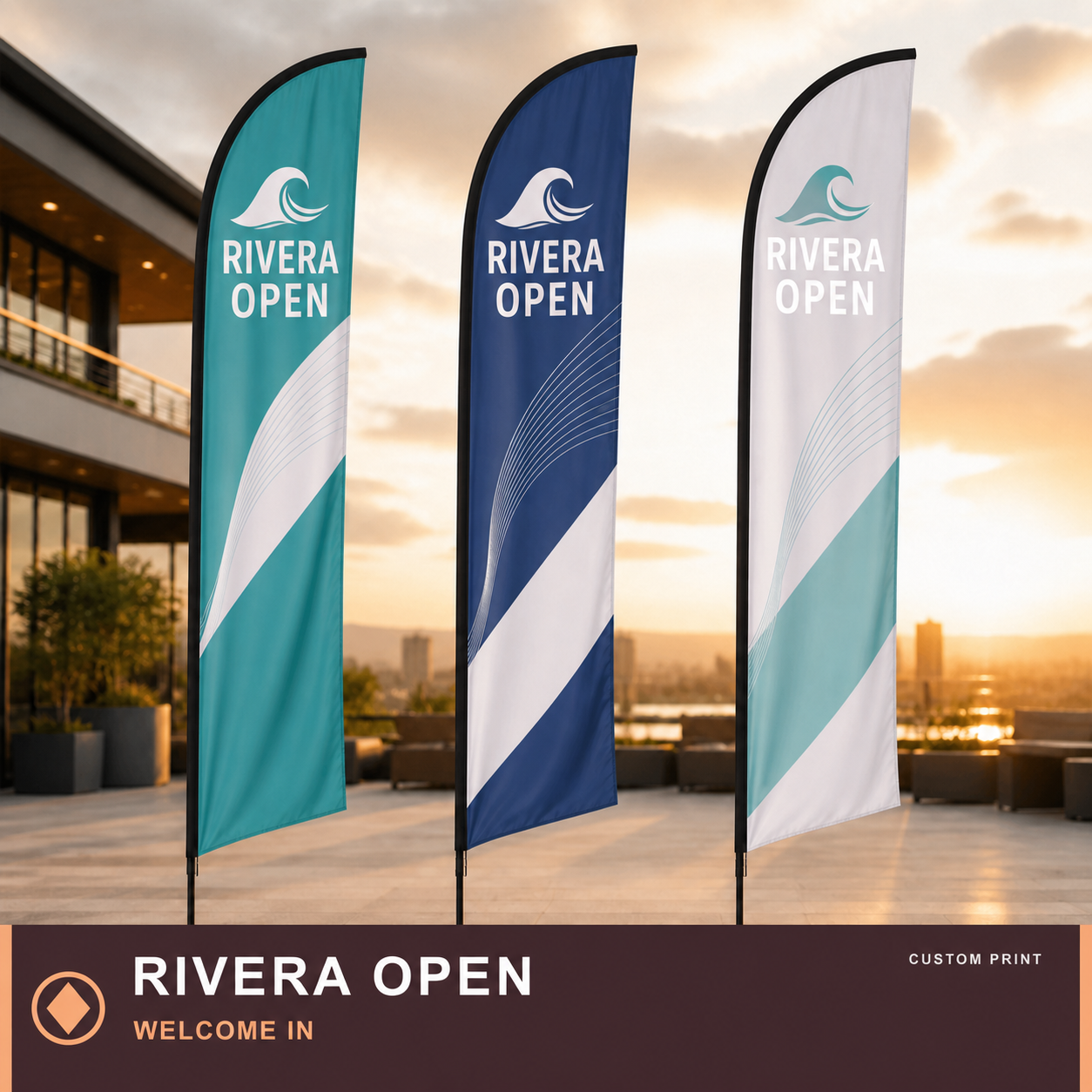 RIVERA OPEN printed on custom product — WELCOME IN