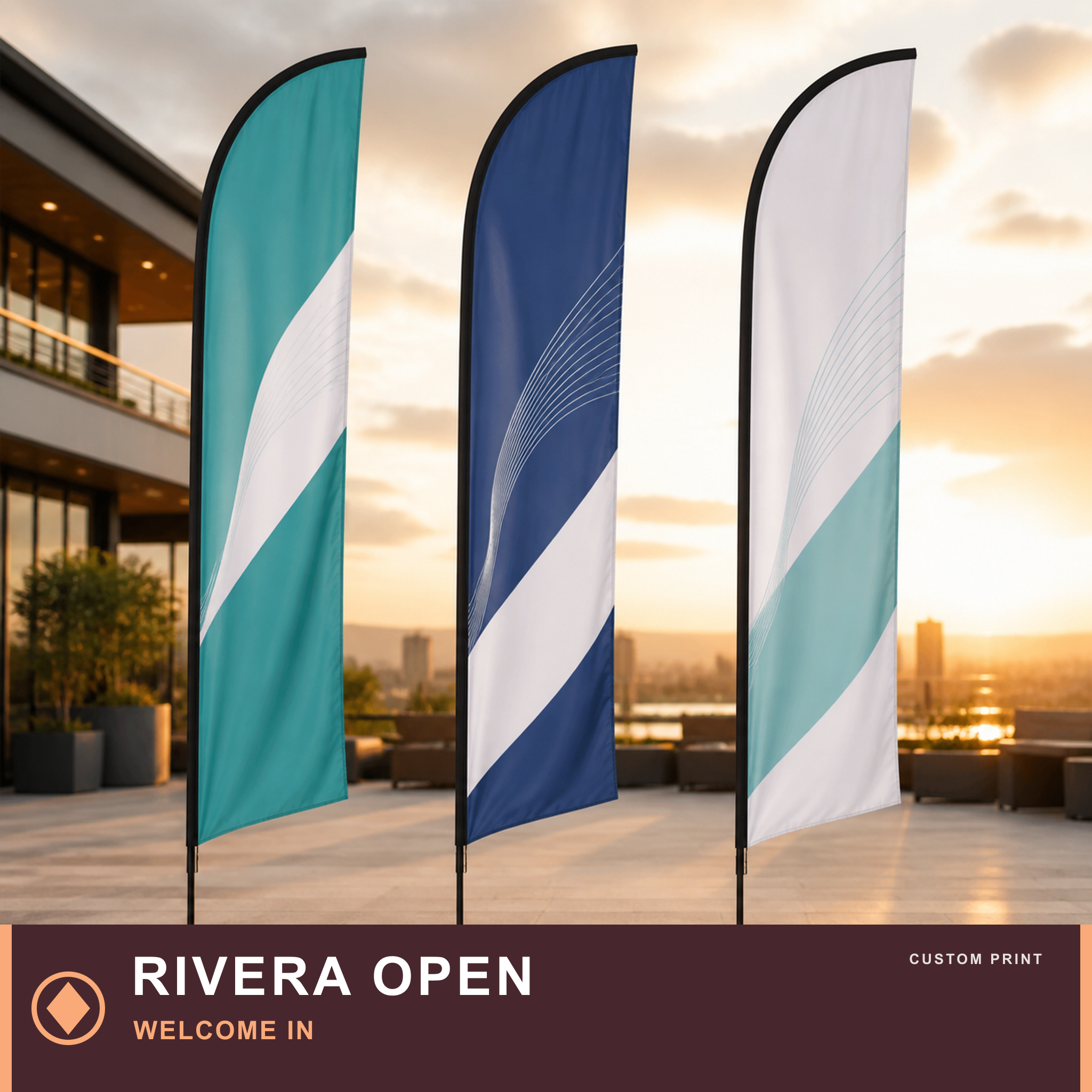 Custom Printed Feather Flags — RIVERA OPEN: WELCOME IN