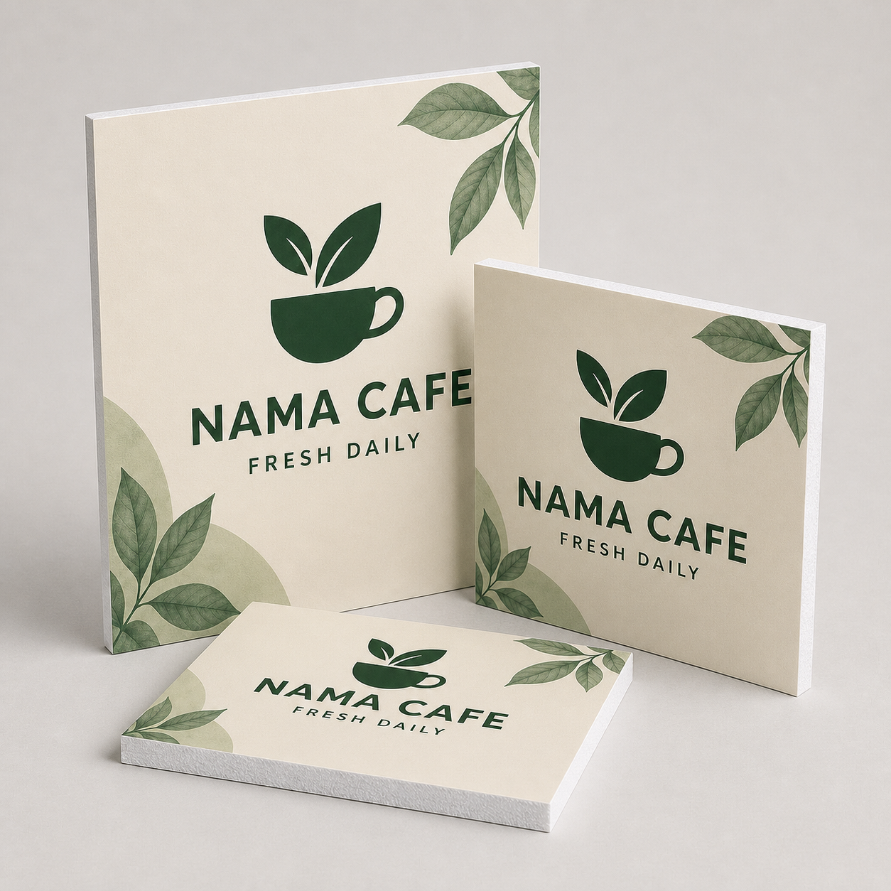 Custom printed foam boards arranged to show their clean white core thickness and matte printed surface