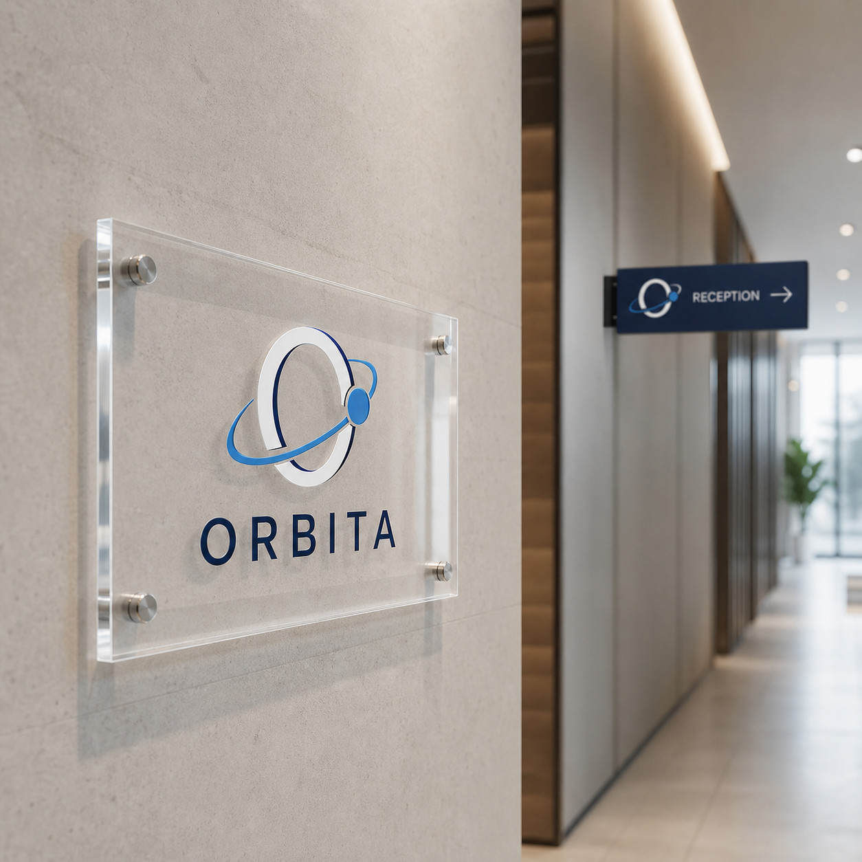 Custom acrylic ORBITA reception plaque and projecting directional sign installed indoors