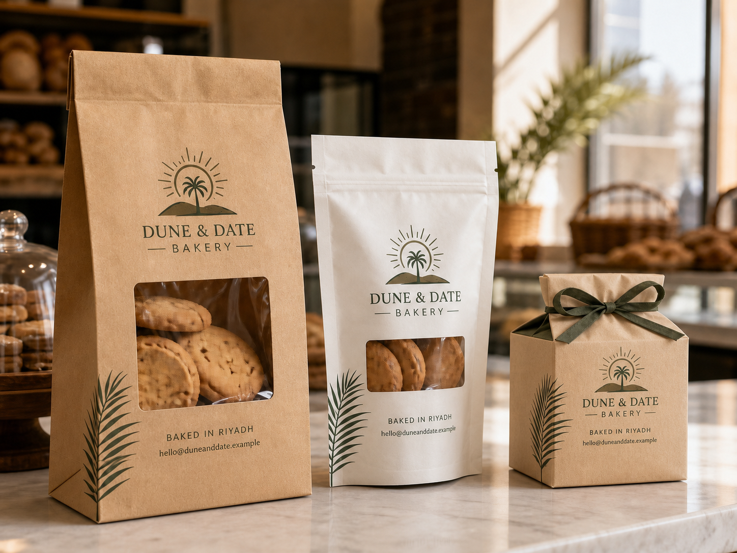 One-colour printed kraft brown and white cookie window bags
