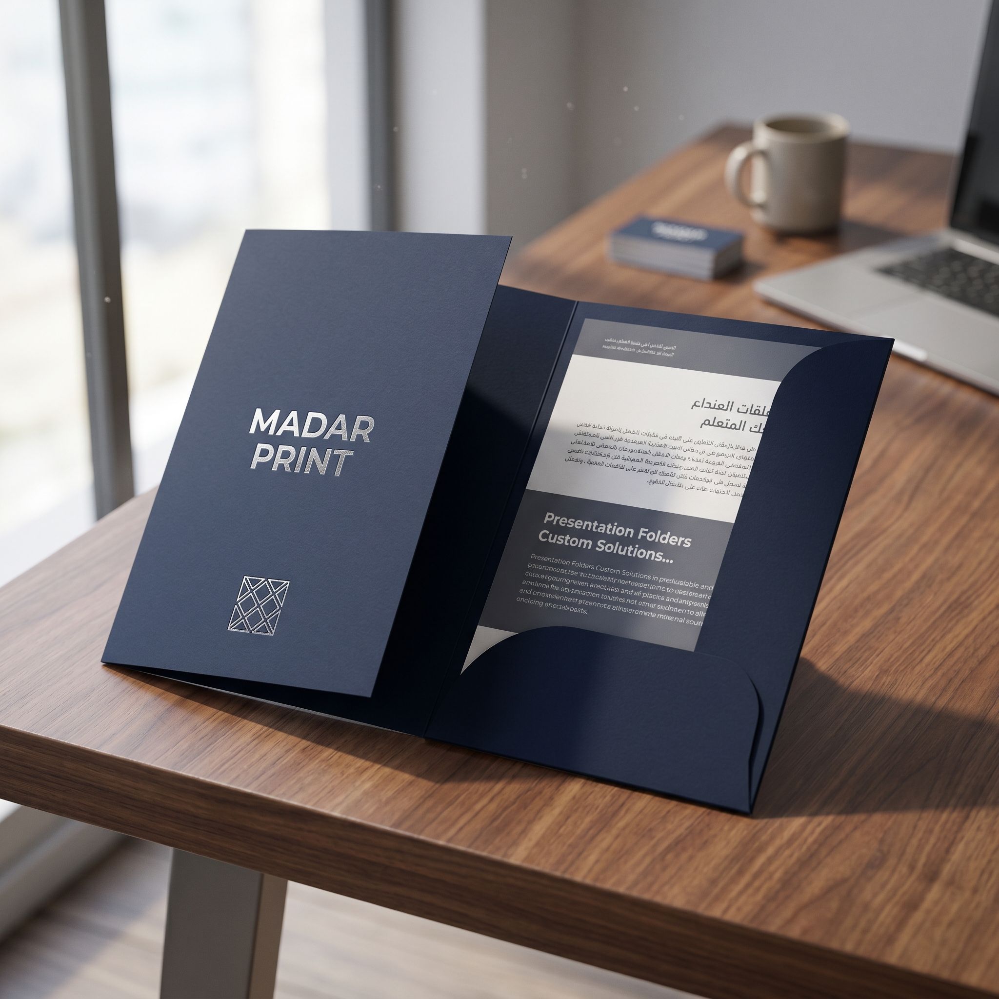 Custom Arabic and English presentation folders from Madar Print displayed on a sleek wooden desk with natural lighting highlighting their texture and design.