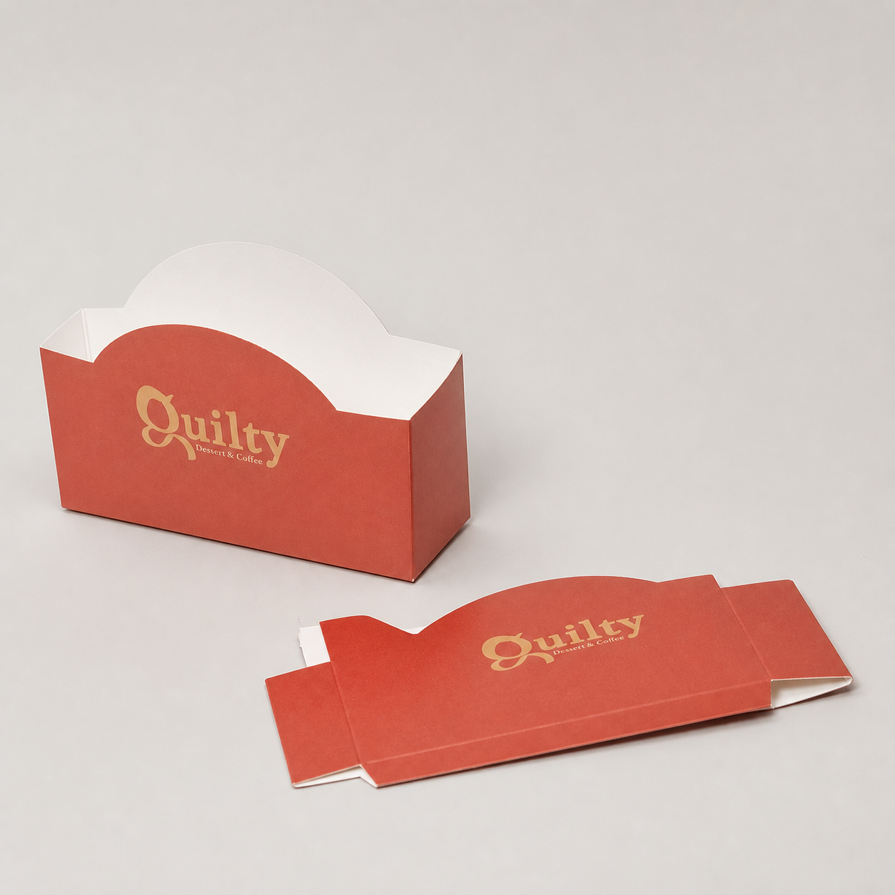 Custom printed paper snack container shown from rear and side to reveal its folds