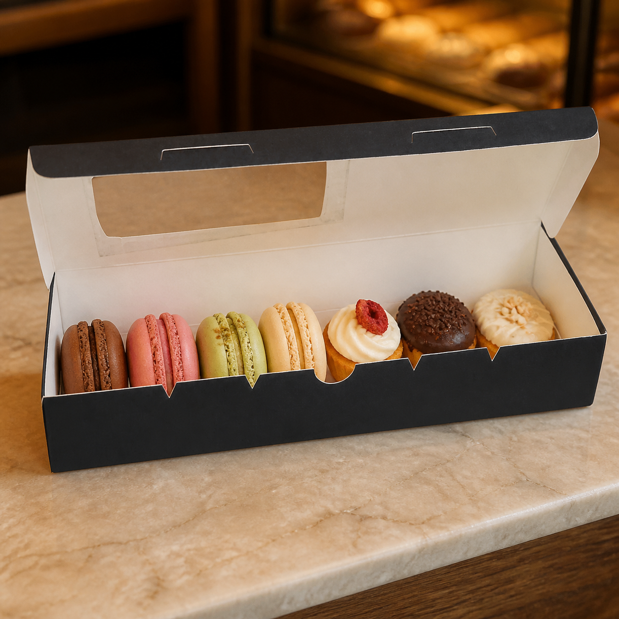 custom printed 27.5×11×5 cm with transparent window for bakery sweets and macarons — open with macarons and pastries