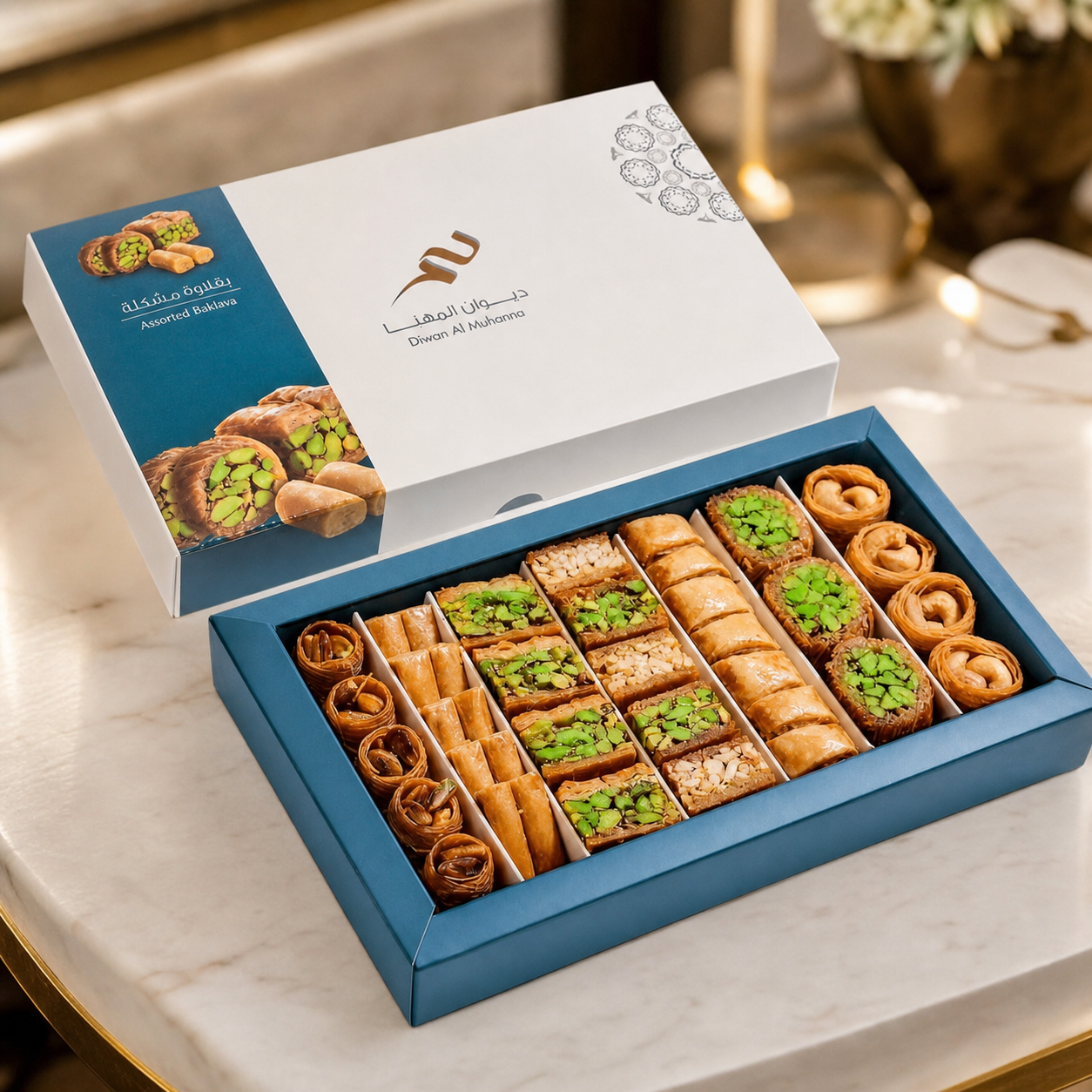 Custom printed sweets box open with an elegant assortment of pastries