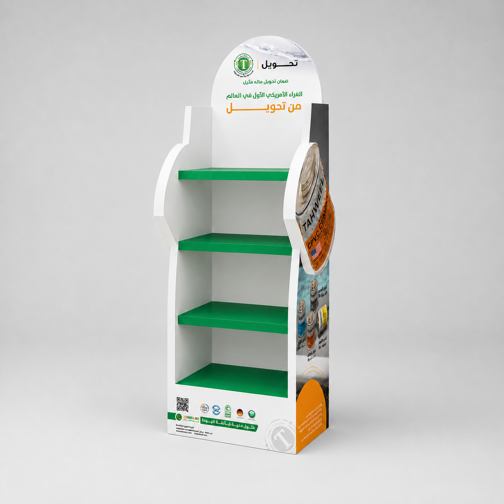 Custom printed four-shelf floor display stand - studio product view