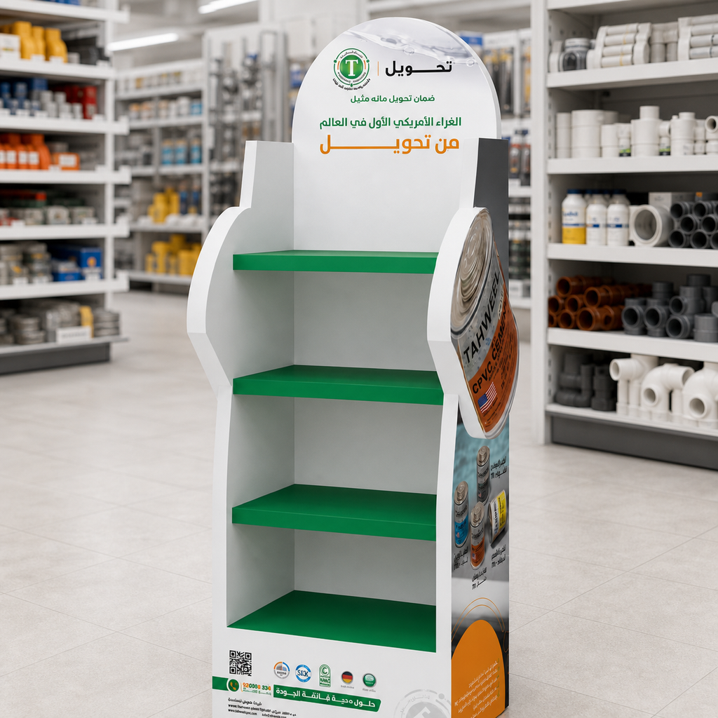 Custom printed four-shelf floor display stand in a hardware store