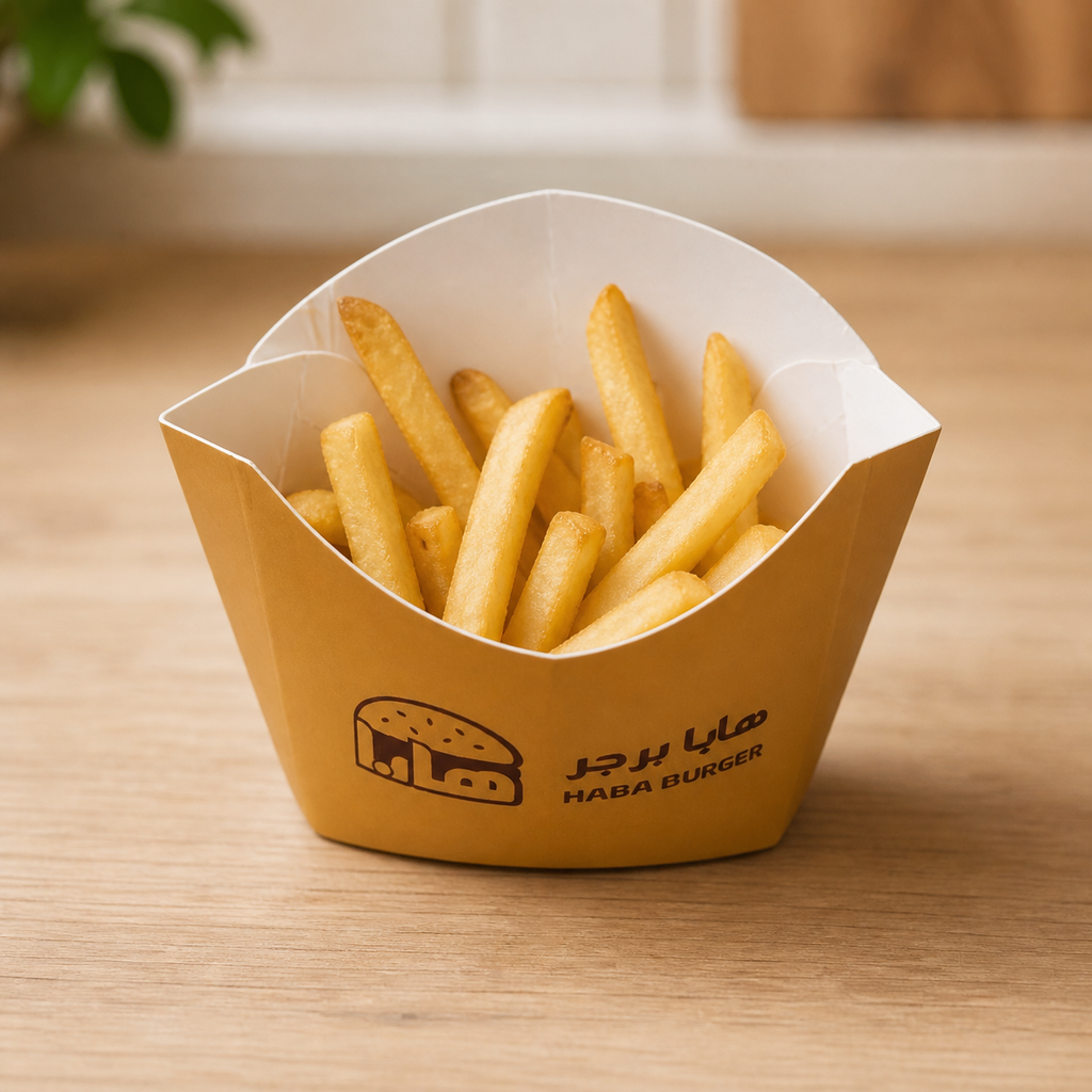 Custom printed 40 gram fries cup filled with golden fries