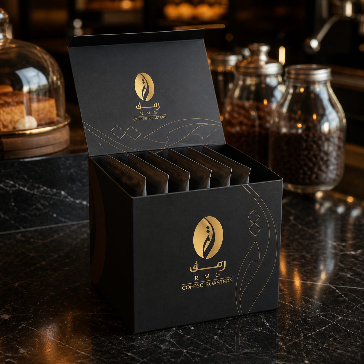 Custom printed coffee envelope box open with six coffee sachets