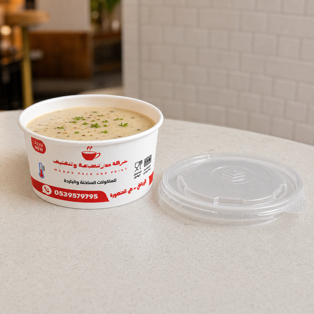 Custom printed 14 oz bowl filled with soup and lid beside it