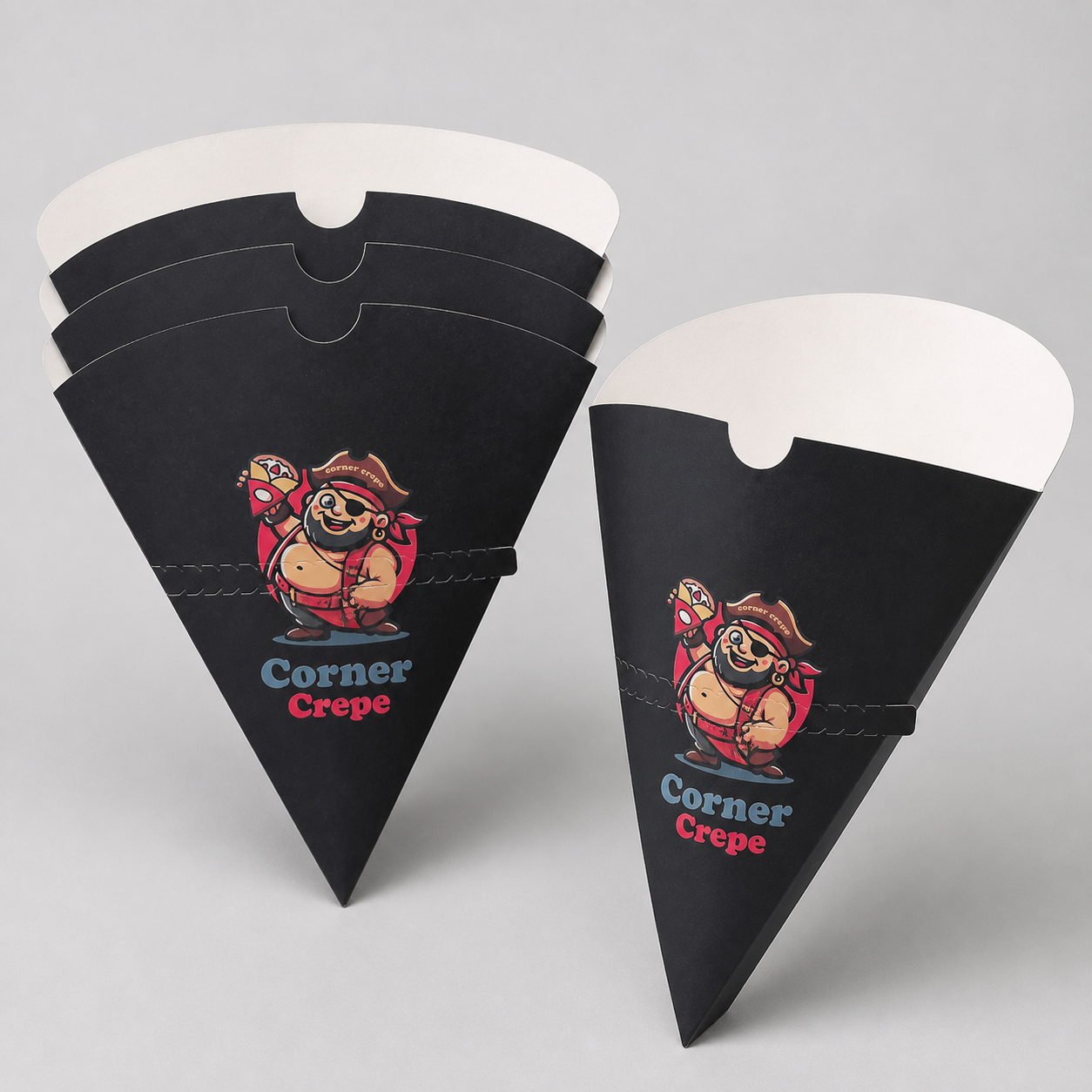 Custom printed crepe cone holders nested for compact storage