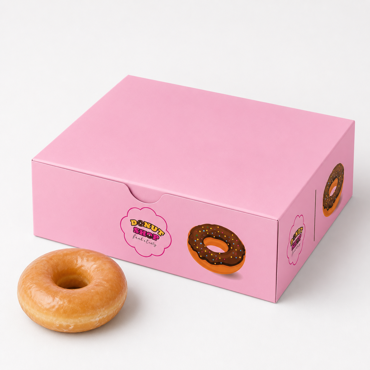 Custom printed donut packaging box shown closed