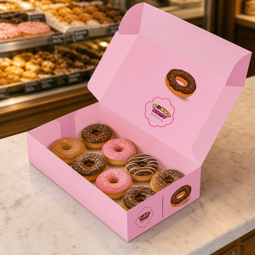 Custom printed donut box open and filled with assorted donuts