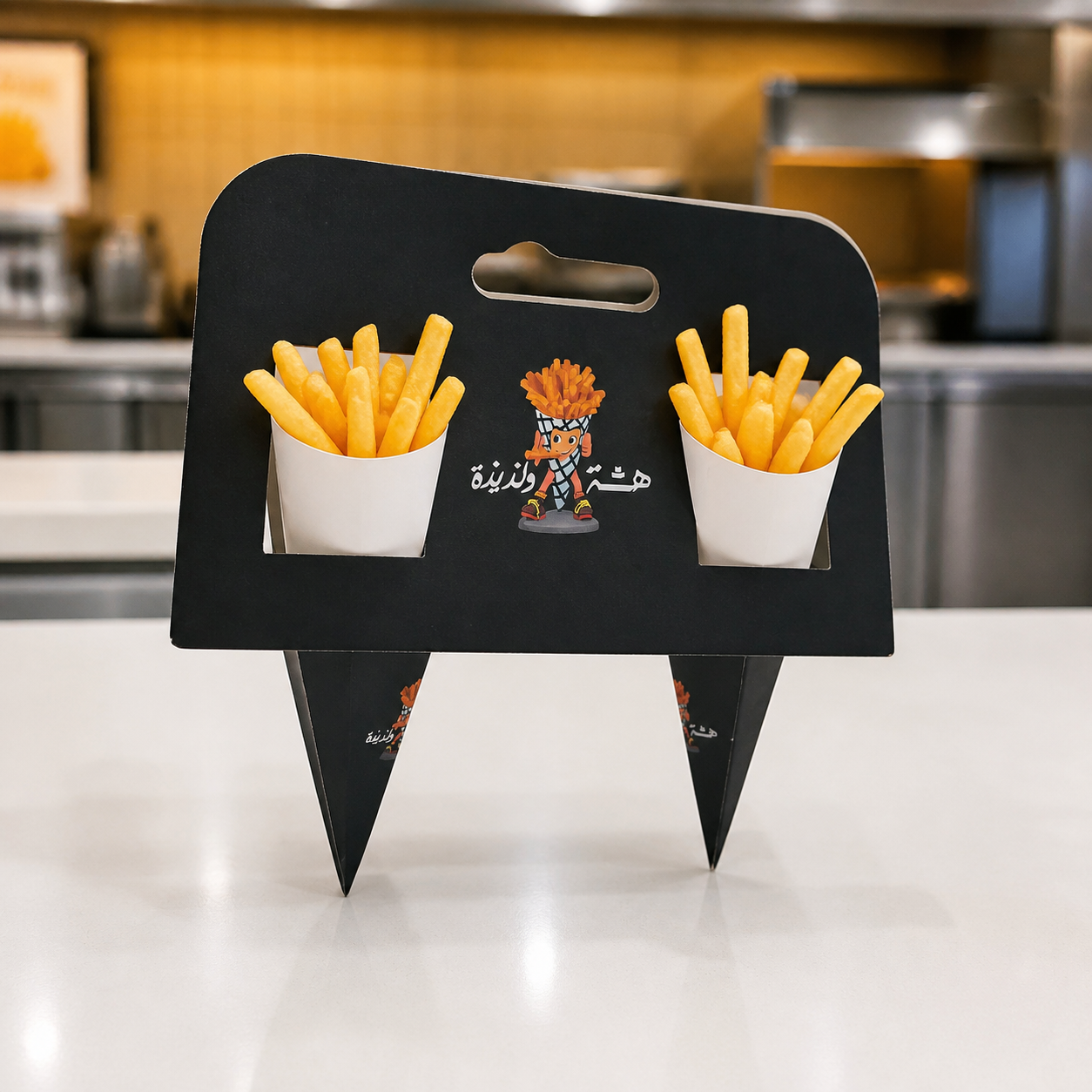 Custom printed two-cone fries holder filled with French fries