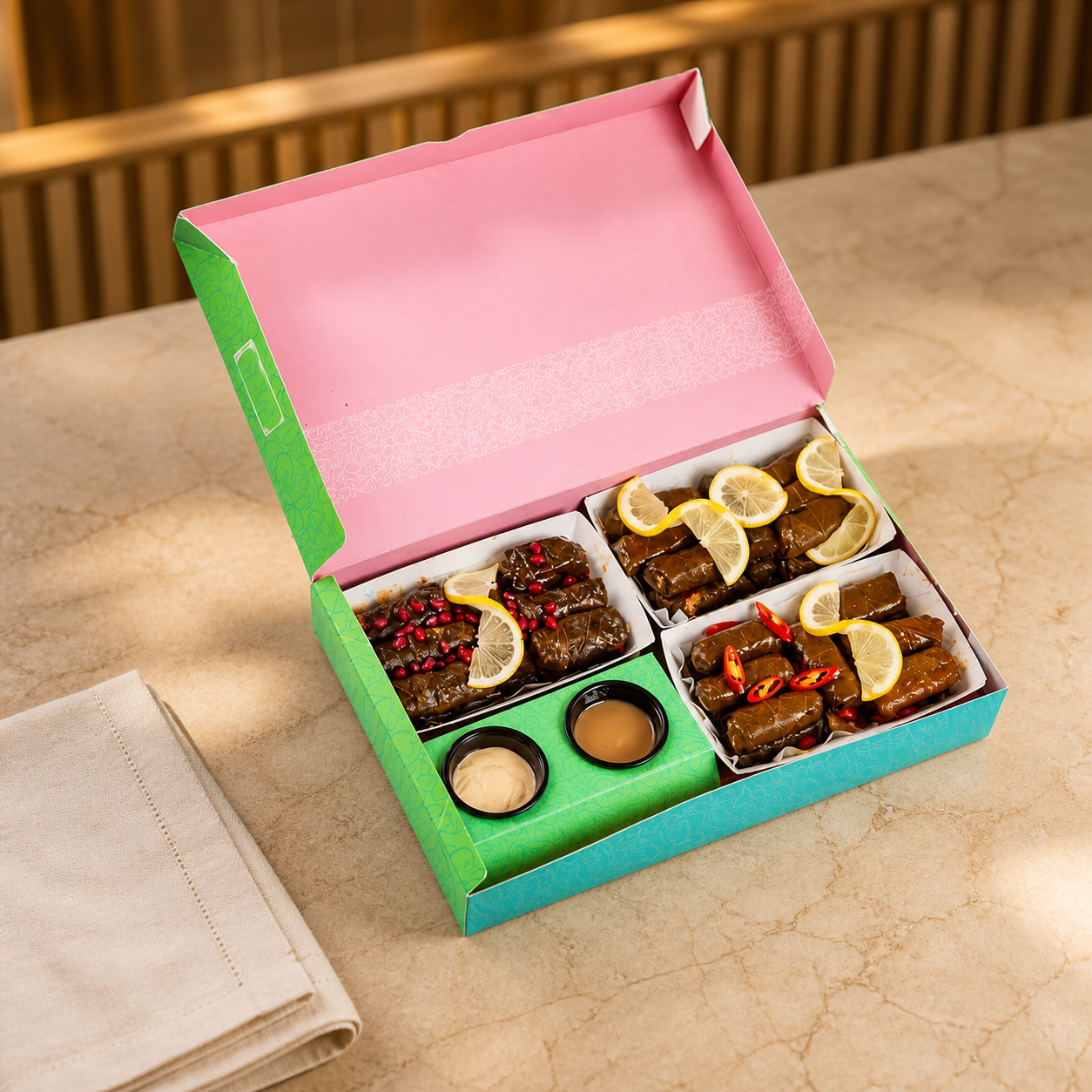 custom printed grape leaf packaging box — open with grape leaves and sauces