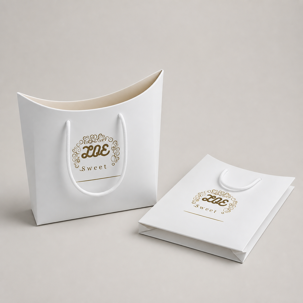 Custom printed paper bag shown upright beside a flat folded bag
