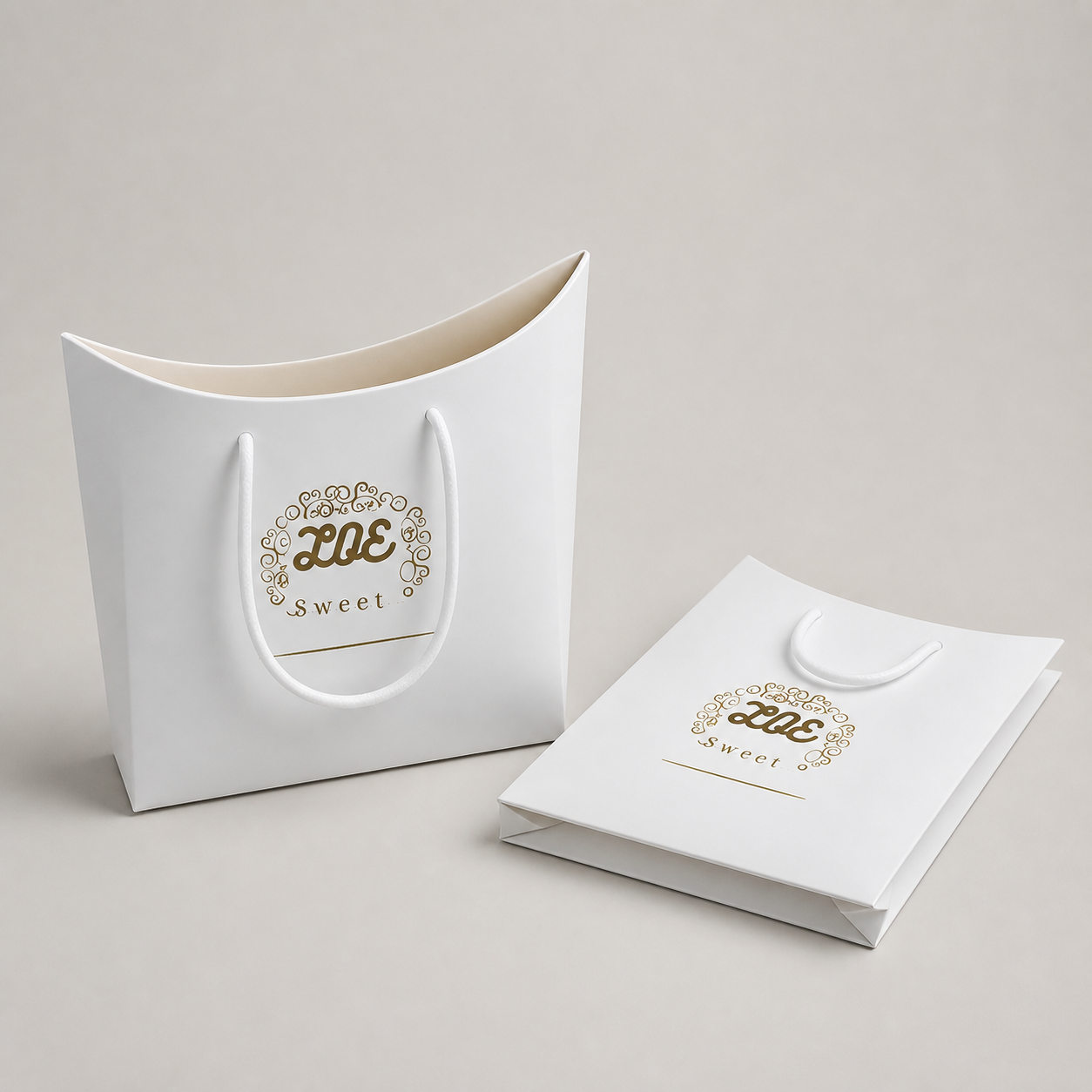 Custom printed paper bag shown upright beside a flat folded bag