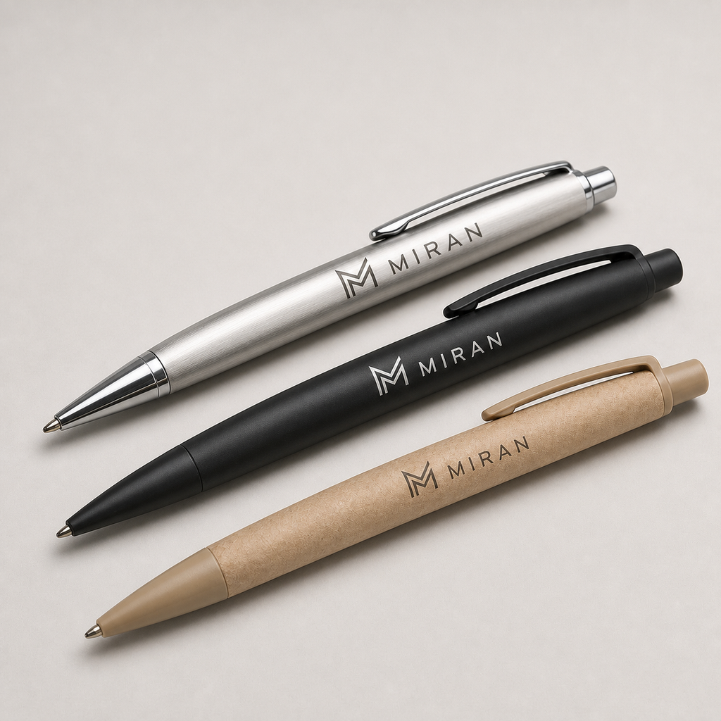 Custom printed pens displayed in three material finishes