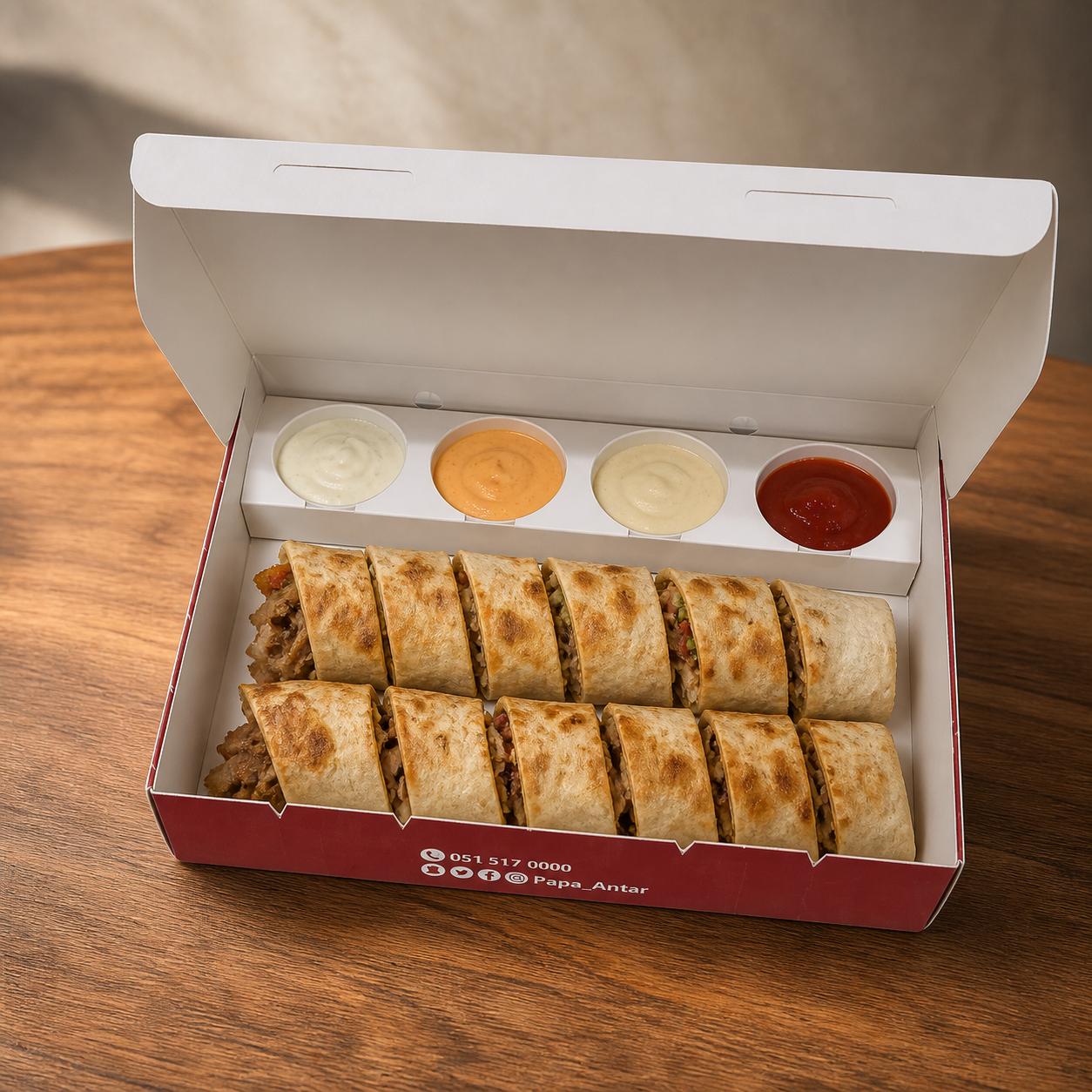 Custom printed shawarma box open and filled with sliced shawarma and four sauces