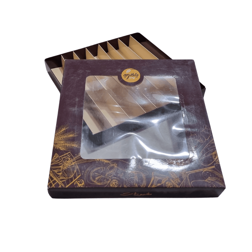 custom printed 27×27×4 cm bakery sweet box with 8 divisions and transparent window
