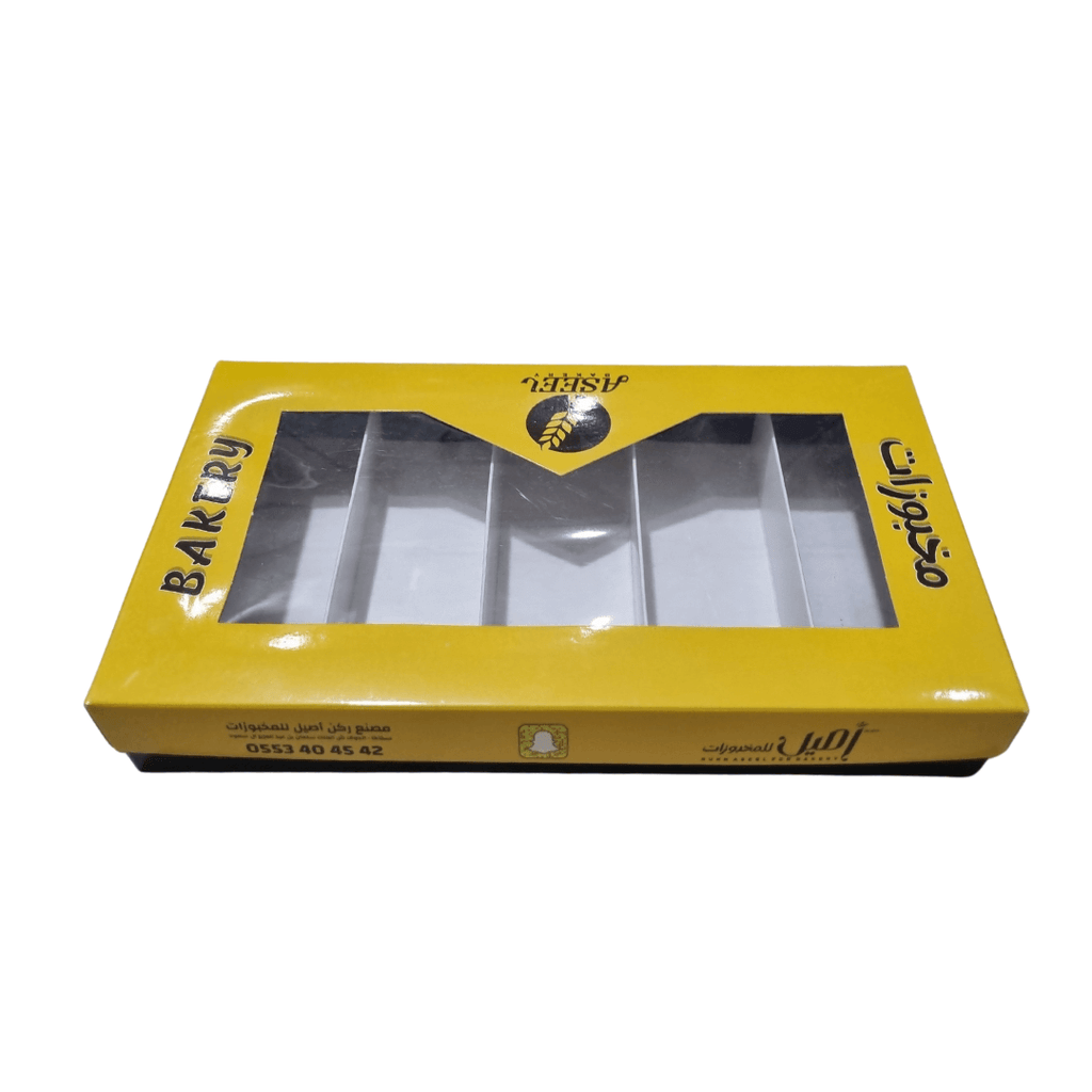 custom printed 28×17×4 cm bakery sweet box with 5 divisions and transparent window