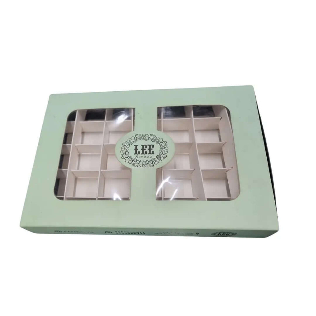custom printed 28×19×3.5 cm box with holder and transparent window, divided into 20 divisions
