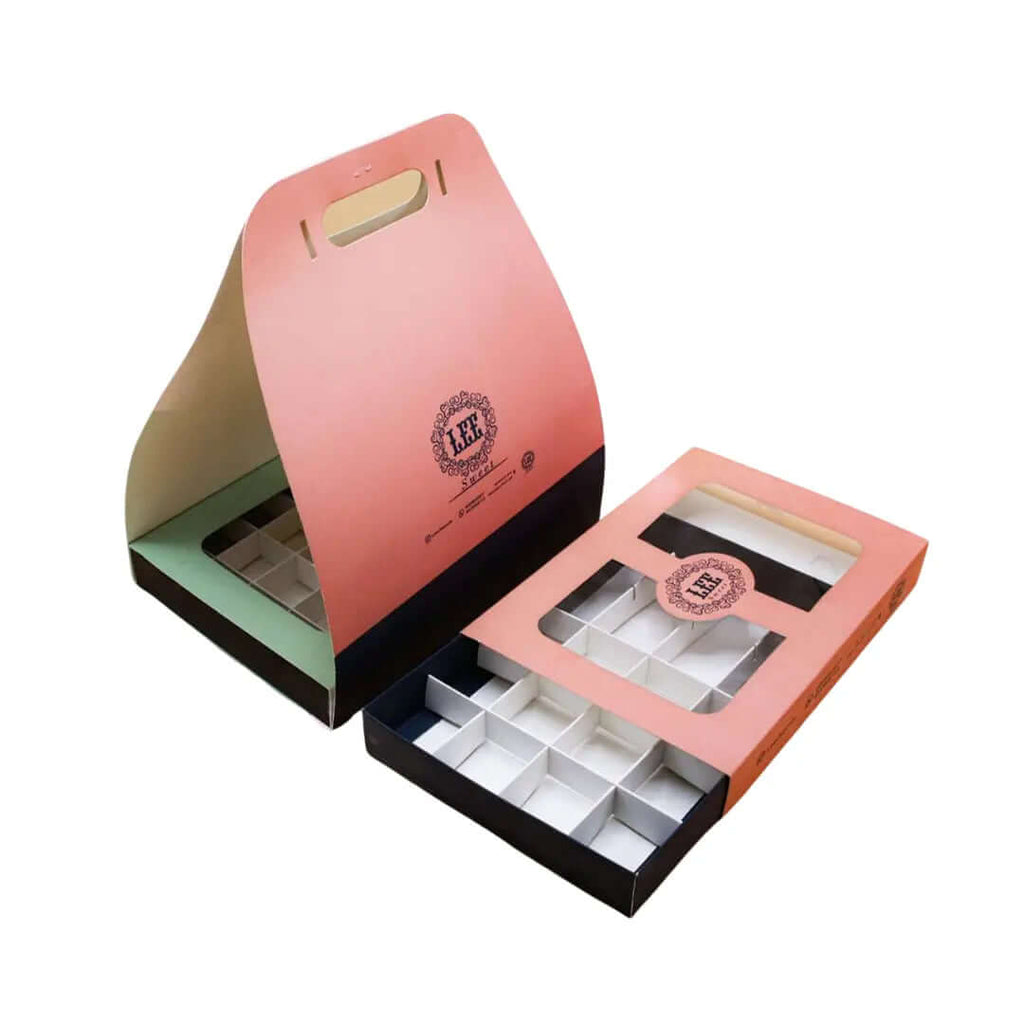 custom printed 28×19×3.5 cm box with holder and transparent window, divided into 20 divisions