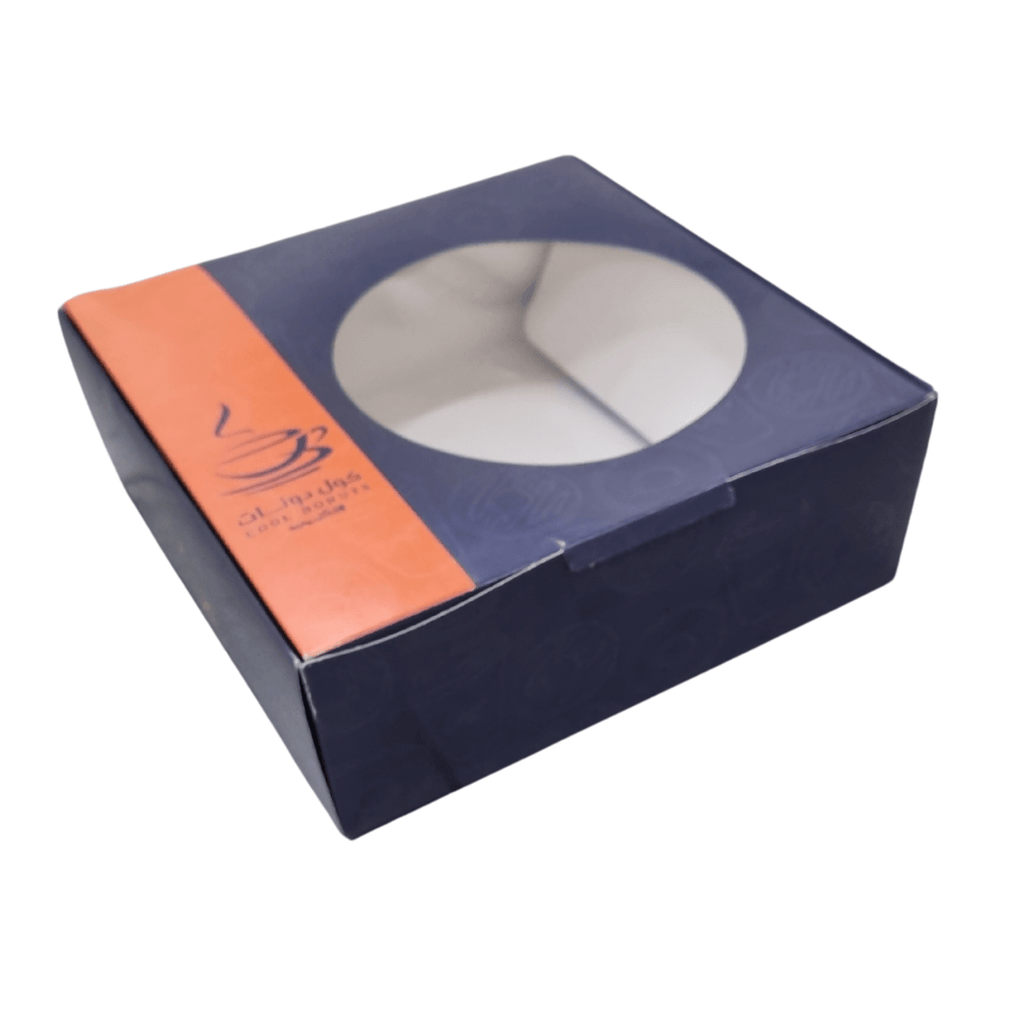 custom printed 28×28×10 cm box with circular transparent window