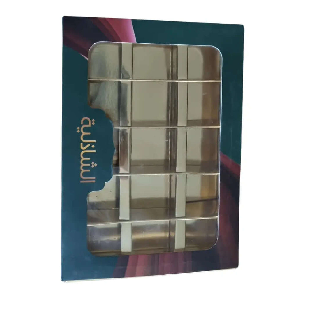 custom printed golden foil base box with 15 cavities for dates chocolate sweets