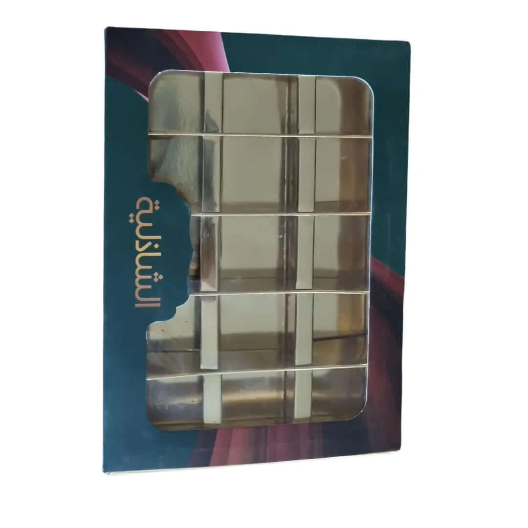 custom printed golden foil base box with 15 cavities for dates chocolate sweets