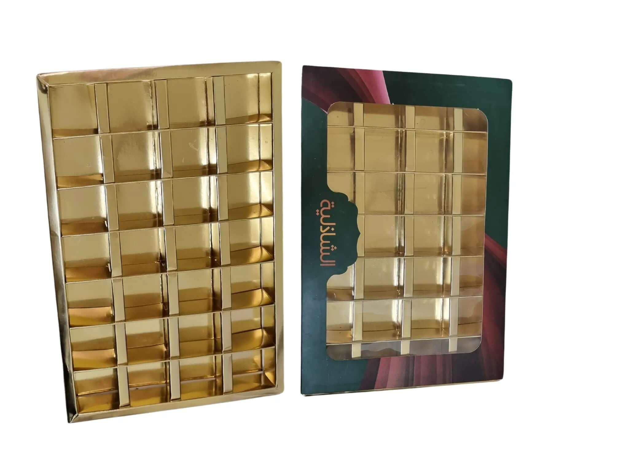 custom printed golden foil base box with 28 cavities for dates chocolate sweets