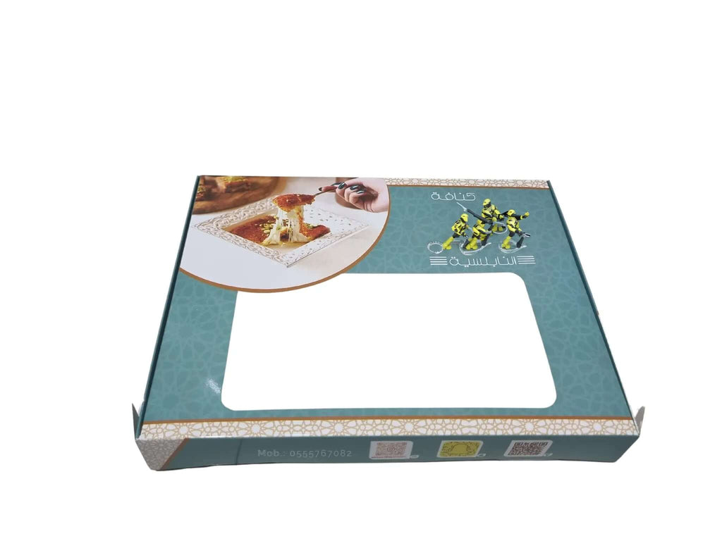 custom printed kunafa box 34.5×31.5×4 cm, outside lamination with transparent window