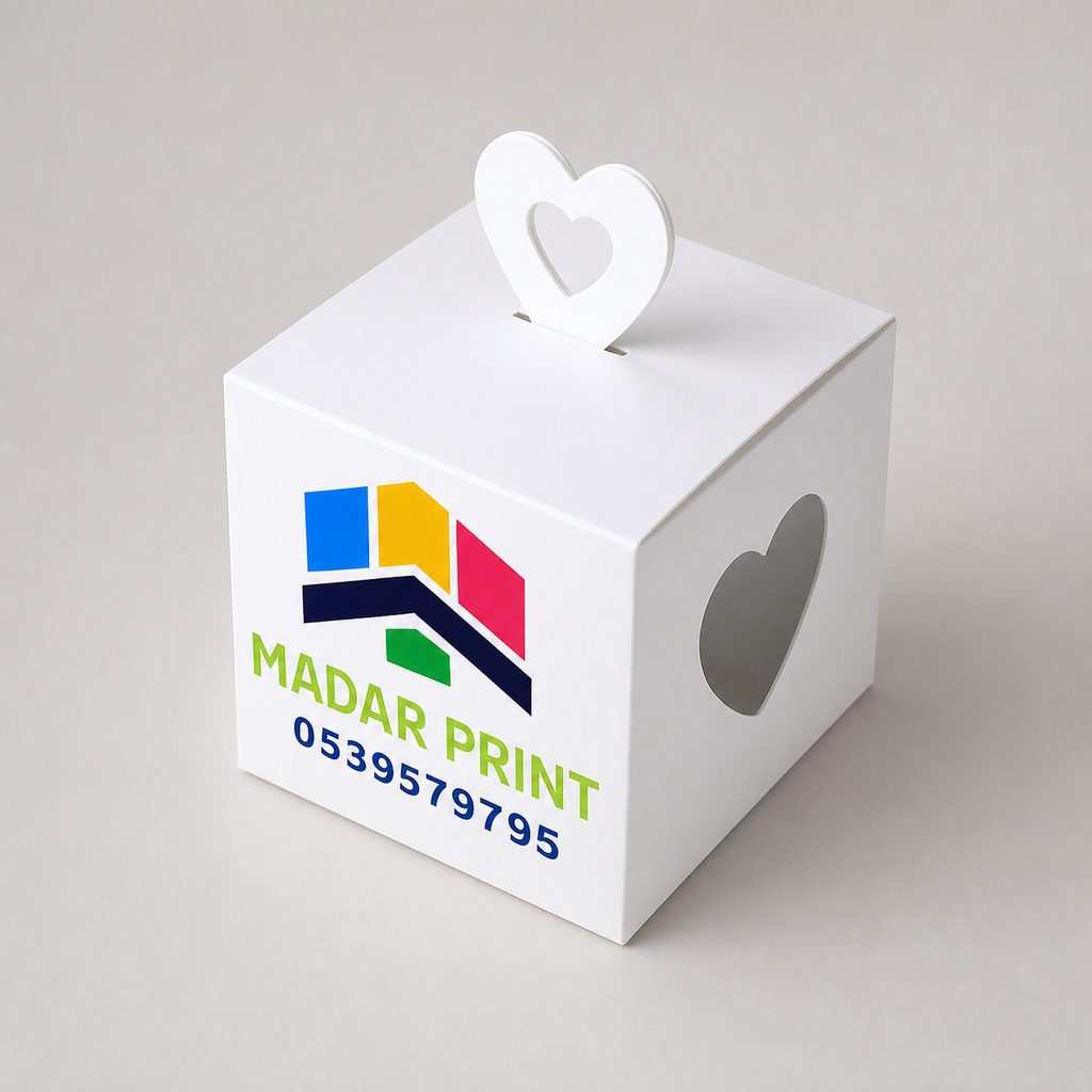 Custom heart-handle cake box closed with heart-shaped window visible