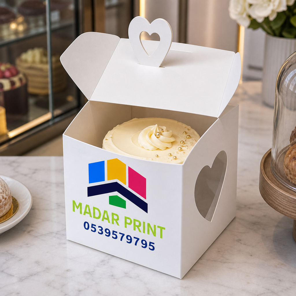 Custom heart-handle cake box open with a cake inside