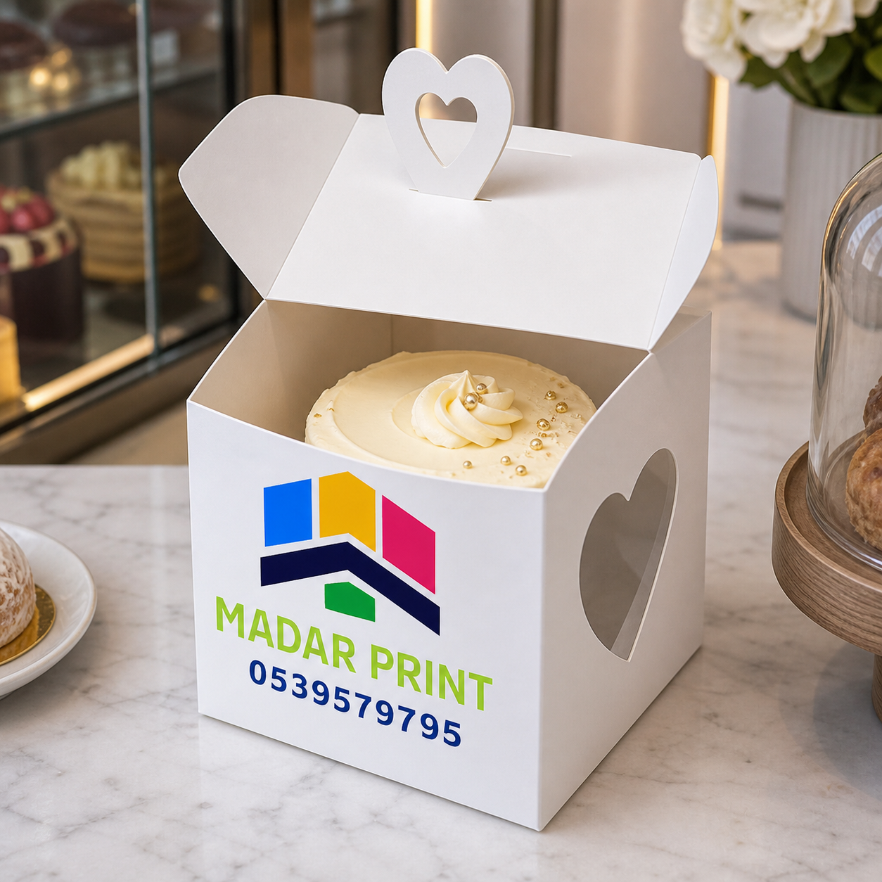 Custom heart-handle cake box open with a cake inside
