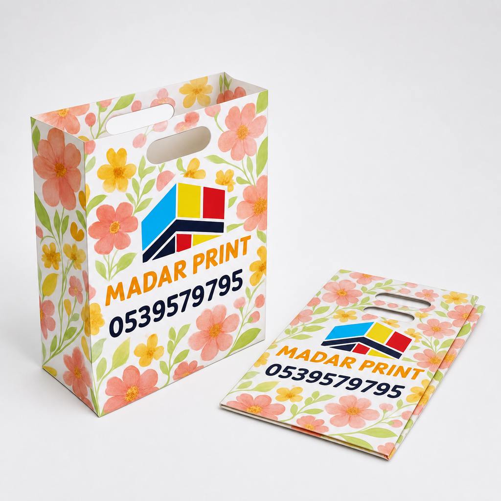 Custom floral paper bag shown open beside a flat folded version