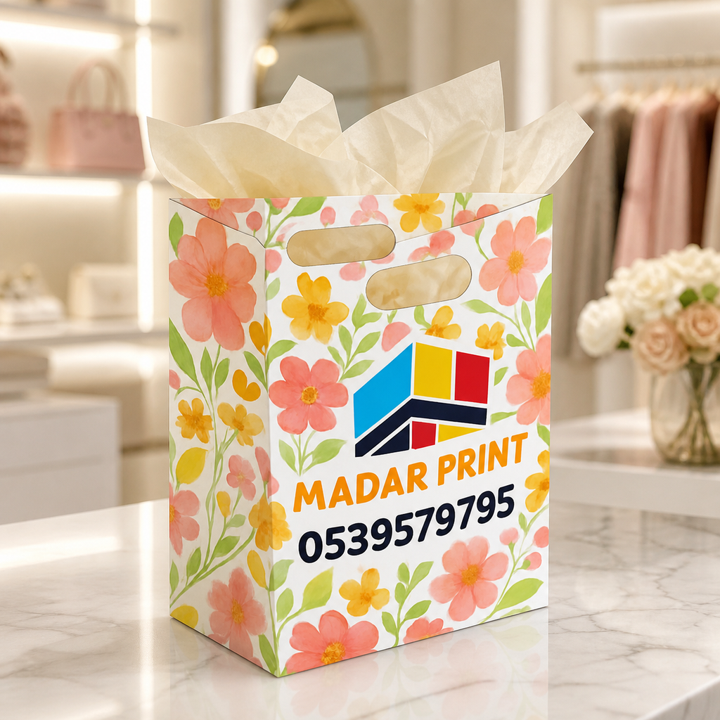 Custom floral paper bag filled with tissue-wrapped boutique items