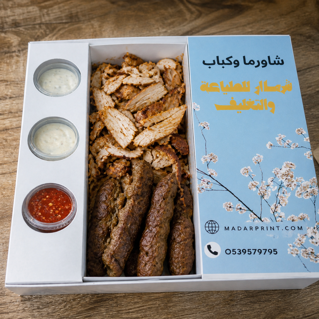 Custom shawarma and kebab box filled with grilled food and sauces