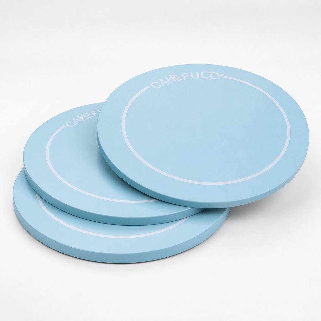 Customized circular cake boards stacked to show rigid thickness and finish