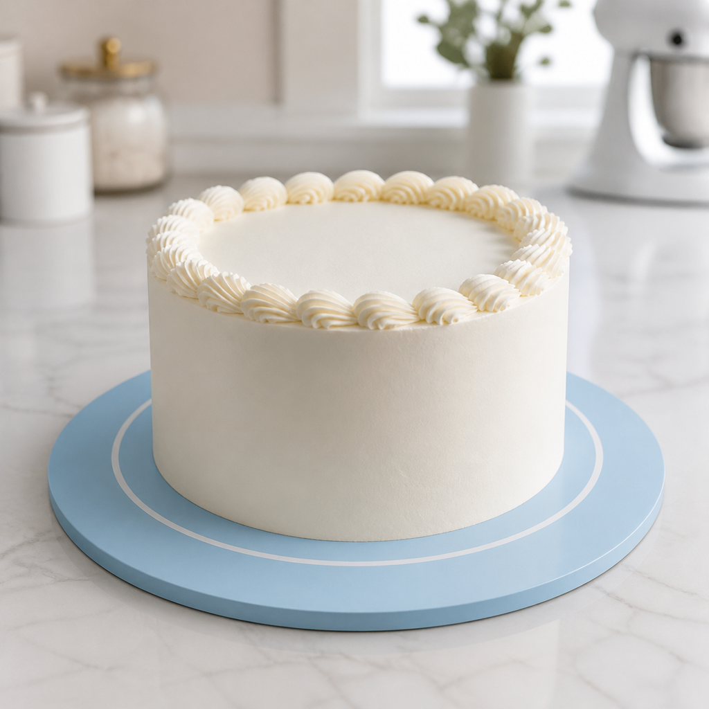 Customized circular 31 cm cake board supporting a decorated celebration cake